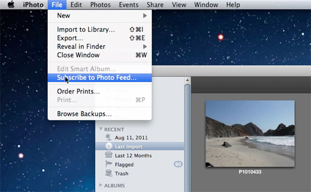 Use “Subscribe to Photo Feed” in iPhoto to sync your photos from Dropmark